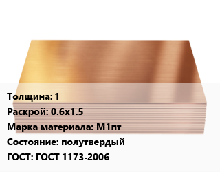 Медный лист 1 0.6х1.5 Марка: М1пт полутвердый ГОСТ 1173-2006, кг цена от 1350 Тг / шт, где купить, условия доставки в Кызылорде и Кызылординской области